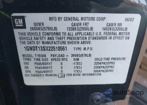 2002 Chevrolet Trailblazer Ltz из США, поврежденный, VIN 1GNDT13SX22510561